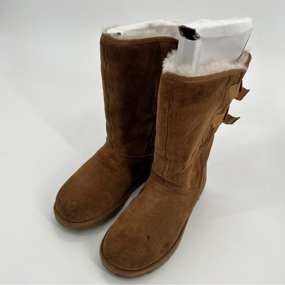 UGG Allegra Bow II Chestnut Boots Sheepskin Women’s Size 9 Suede Wool Boots - Picture 3 of 10